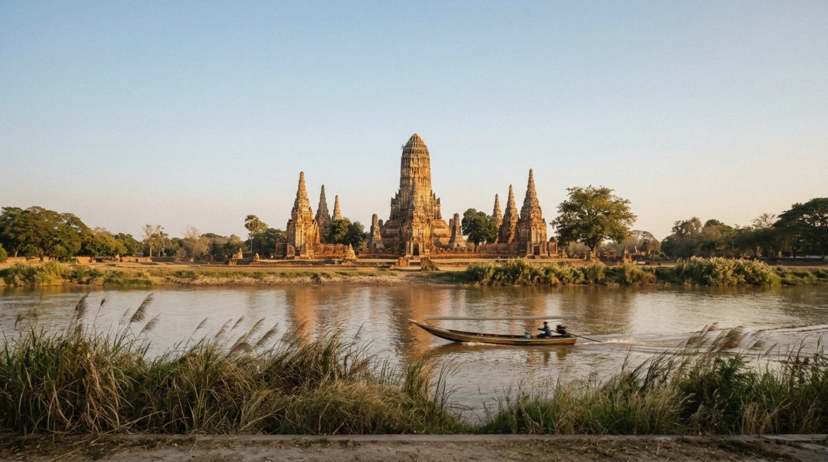 Wat Chaiwatthanaram seen from across the river at the end of the afternoon, the light that helps decide the best time to visit Ayutthaya
