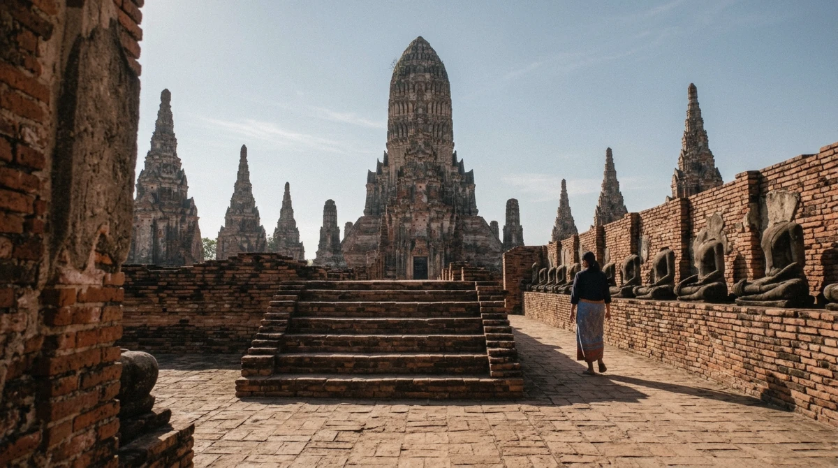 The courtyard at Wat Chaiwatthanaram in the morning, one of the fifty-baht temple fees that make up the ayutthaya day trip cost