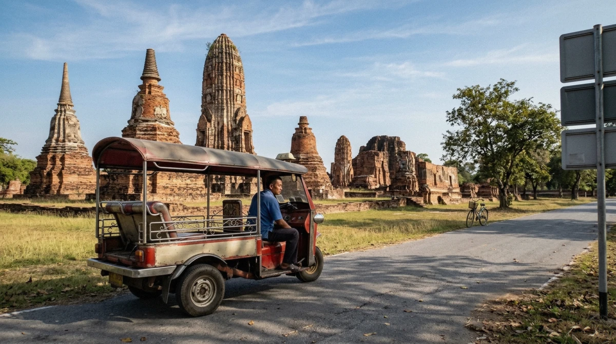 A tuk-tuk parked beside the temple ruins in Ayutthaya, the easiest way to get around after making the trip from Bangkok