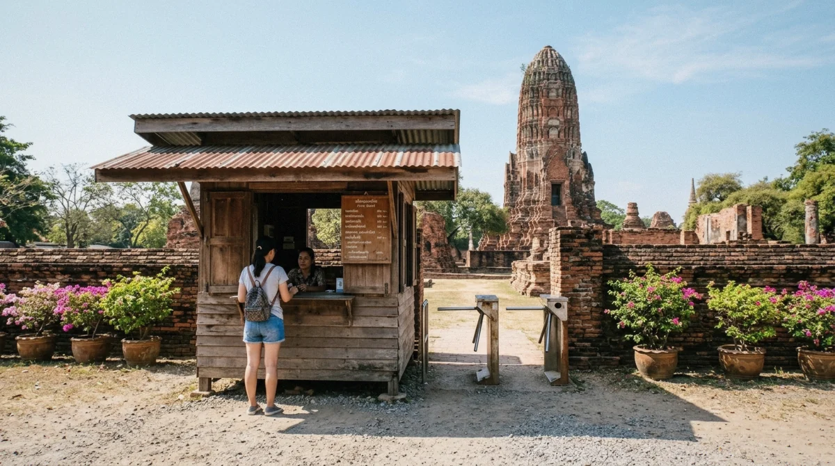 A ticket kiosk at an Ayutthaya temple entrance, the first stop for anyone budgeting an Ayutthaya day trip cost from Bangkok