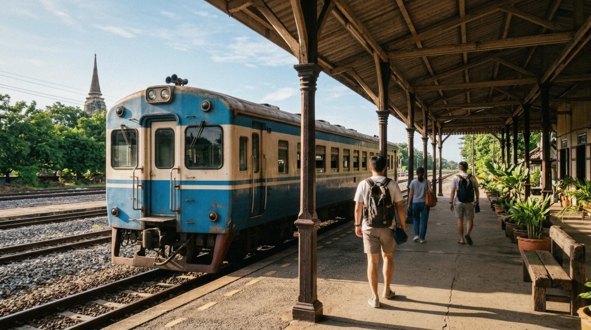 A train at the platform of Ayutthaya railway station, the arrival point for anyone travelling from Bangkok by rail