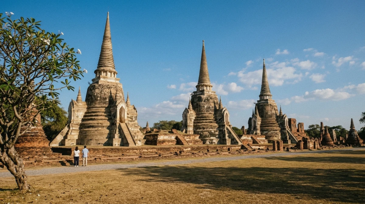 The three bell-shaped chedis of Wat Phra Si Sanphet at golden hour, the classic scene people picture when deciding if Ayutthaya is worth visiting from Bangkok