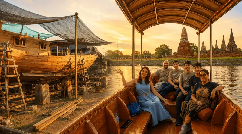Private long-tail boat passing riverside temples on the Ayutthaya private boat tour with photographer